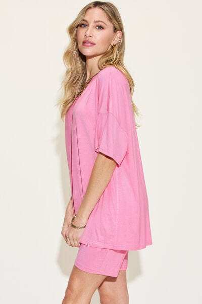 Basic Bae Full Size V-Neck Drop Shoulder Short Sleeve T-Shirt and Shorts Set - Trendsi - Flyclothing LLC