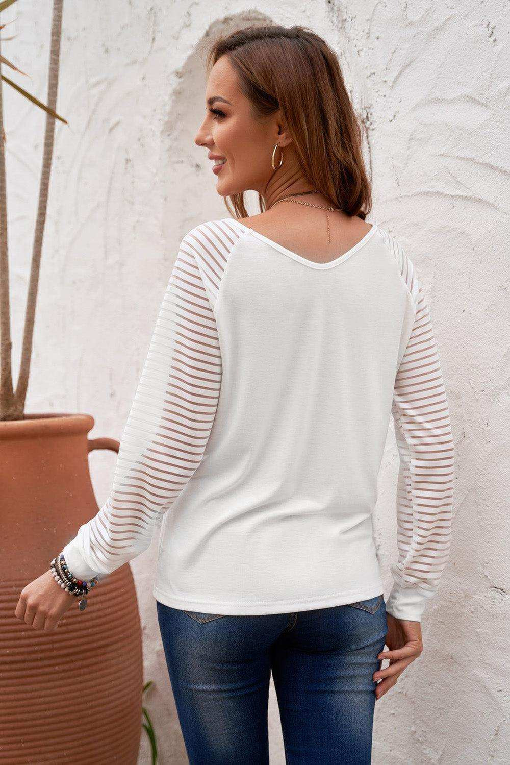 Sheer Striped V-Neck Top - Trendsi - Flyclothing LLC