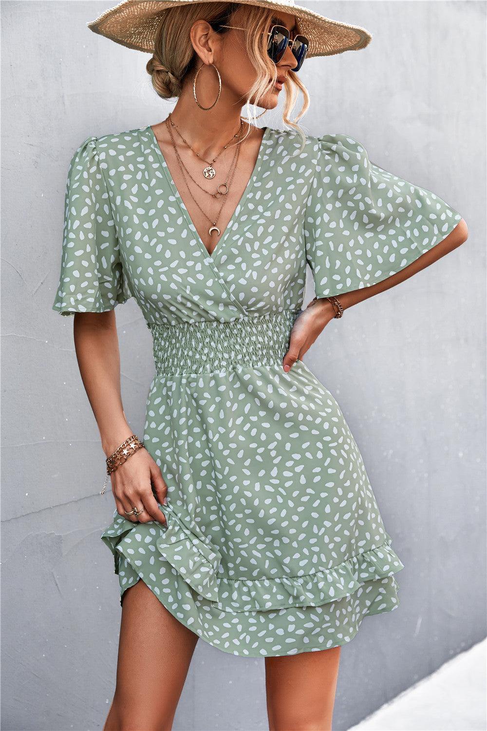 Printed Smocked Waist Layered Surplice Dress - Trendsi