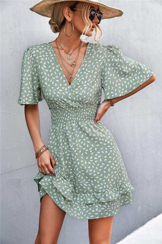 Printed Smocked Waist Layered Surplice Dress - Trendsi - Flyclothing LLC