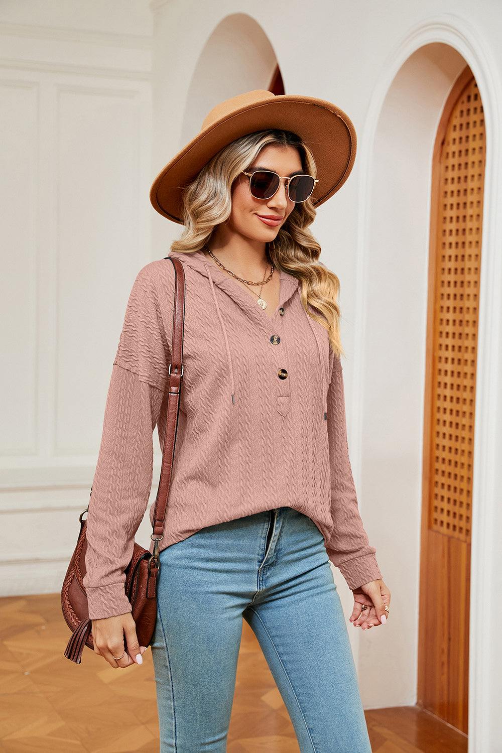 Half-Button Dropped Shoulder Hoodie - Trendsi