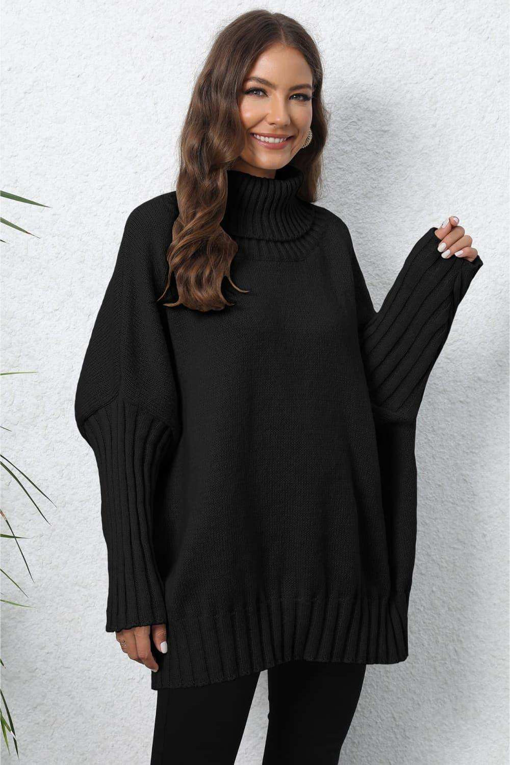 Turtle Neck Long Sleeve Ribbed Sweater - Trendsi - Flyclothing LLC