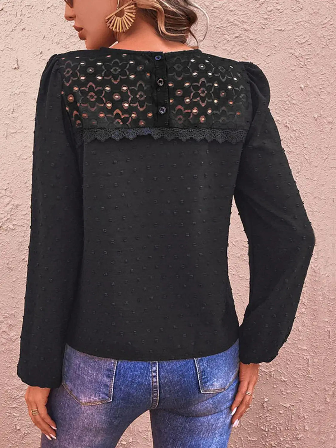 Swiss Dot Lace Trim Long Sleeve Blouse - Trendsi - Flyclothing LLC