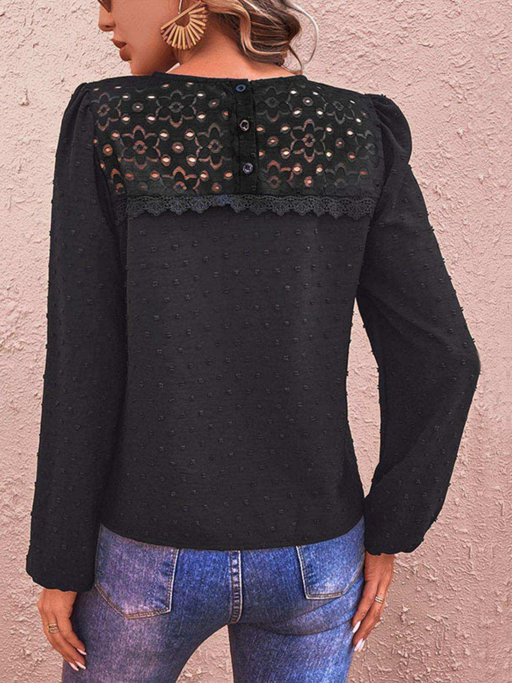 Swiss Dot Lace Trim Long Sleeve Blouse - Trendsi - Flyclothing LLC