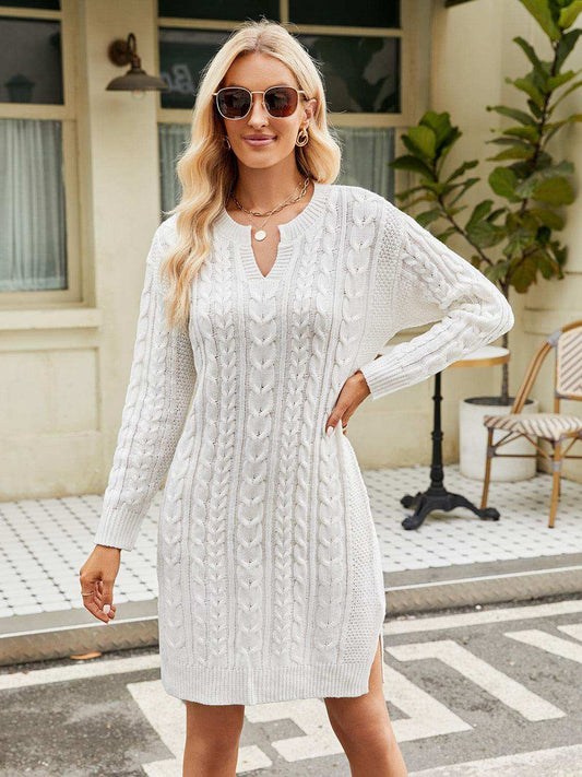 Notched Neck Cable-Knit Slit Sweater Dress - Trendsi - Flyclothing LLC