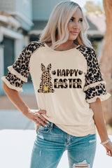 HAPPY EASTER Leopard Graphic Layered Sleeve T-Shirt - Flyclothing LLC