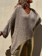 Contrast V-Neck Long Sleeve Sweater - Trendsi