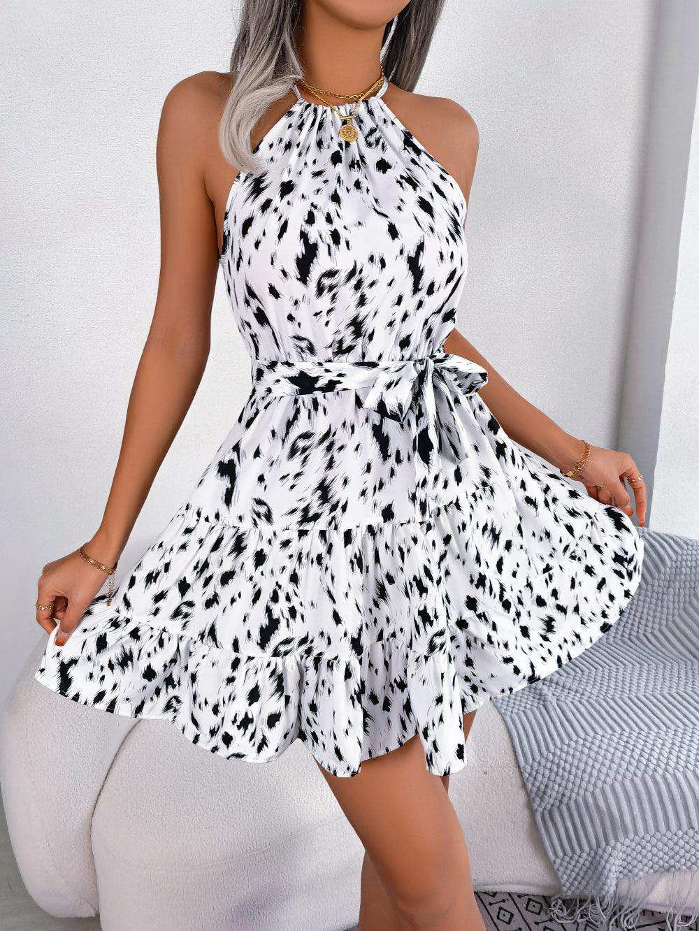 Halter Neck Printed Tie Waist Sleeveless Mini Dress - Trendsi - Flyclothing LLC