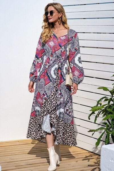 Leopard Ruffle Trim V-Neck Printed Dress - Trendsi - Flyclothing LLC