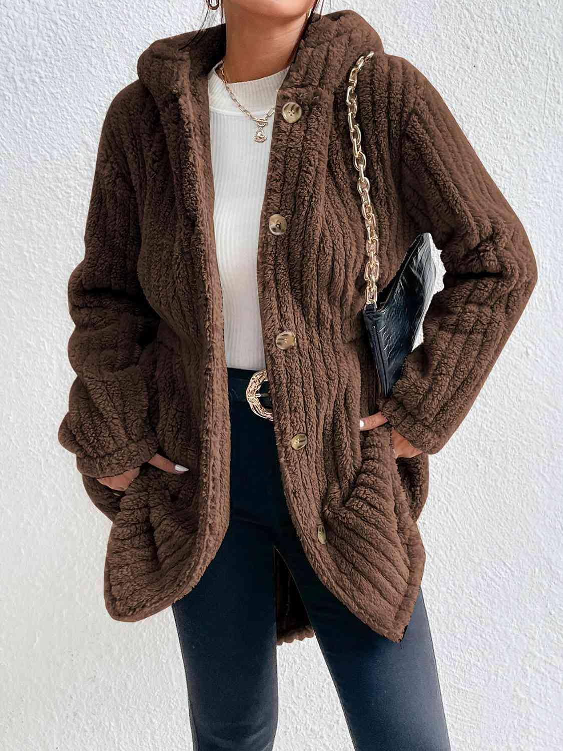 Button Down Hooded Coat - Trendsi