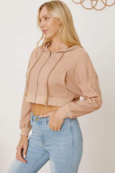 Waffle-Knit Drawstring Zip Up Hoodie - Trendsi - Flyclothing LLC