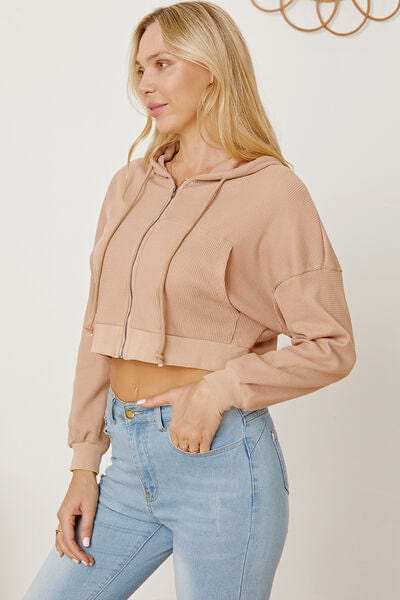 Waffle-Knit Drawstring Zip Up Hoodie - Trendsi - Flyclothing LLC