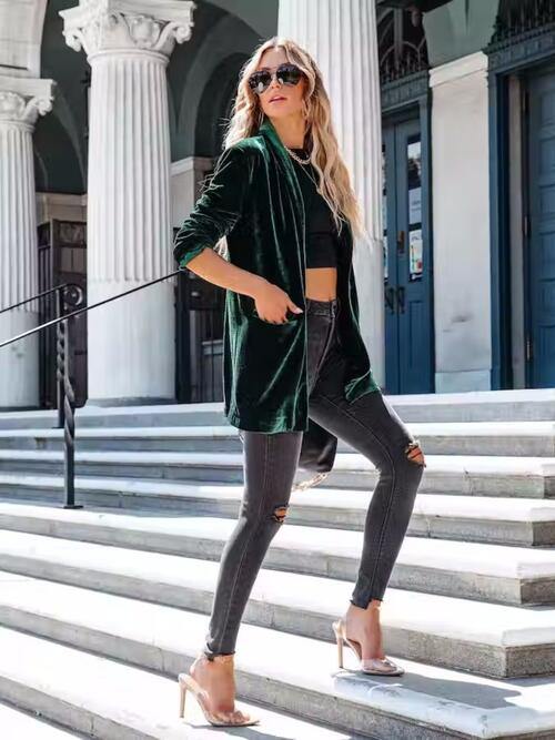 Button Up Long Sleeve Blazer with Pocket - Trendsi