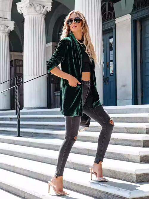 Button Up Long Sleeve Blazer with Pocket - Trendsi - Flyclothing LLC