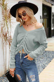 Waffle-Knit Drawstring Detail V-Neck Sweater - Trendsi - Flyclothing LLC