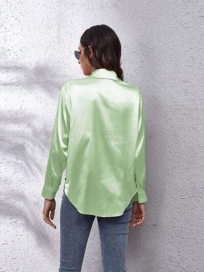 Button Up Collared Neck Long Sleeve Shirt - Trendsi - Flyclothing LLC