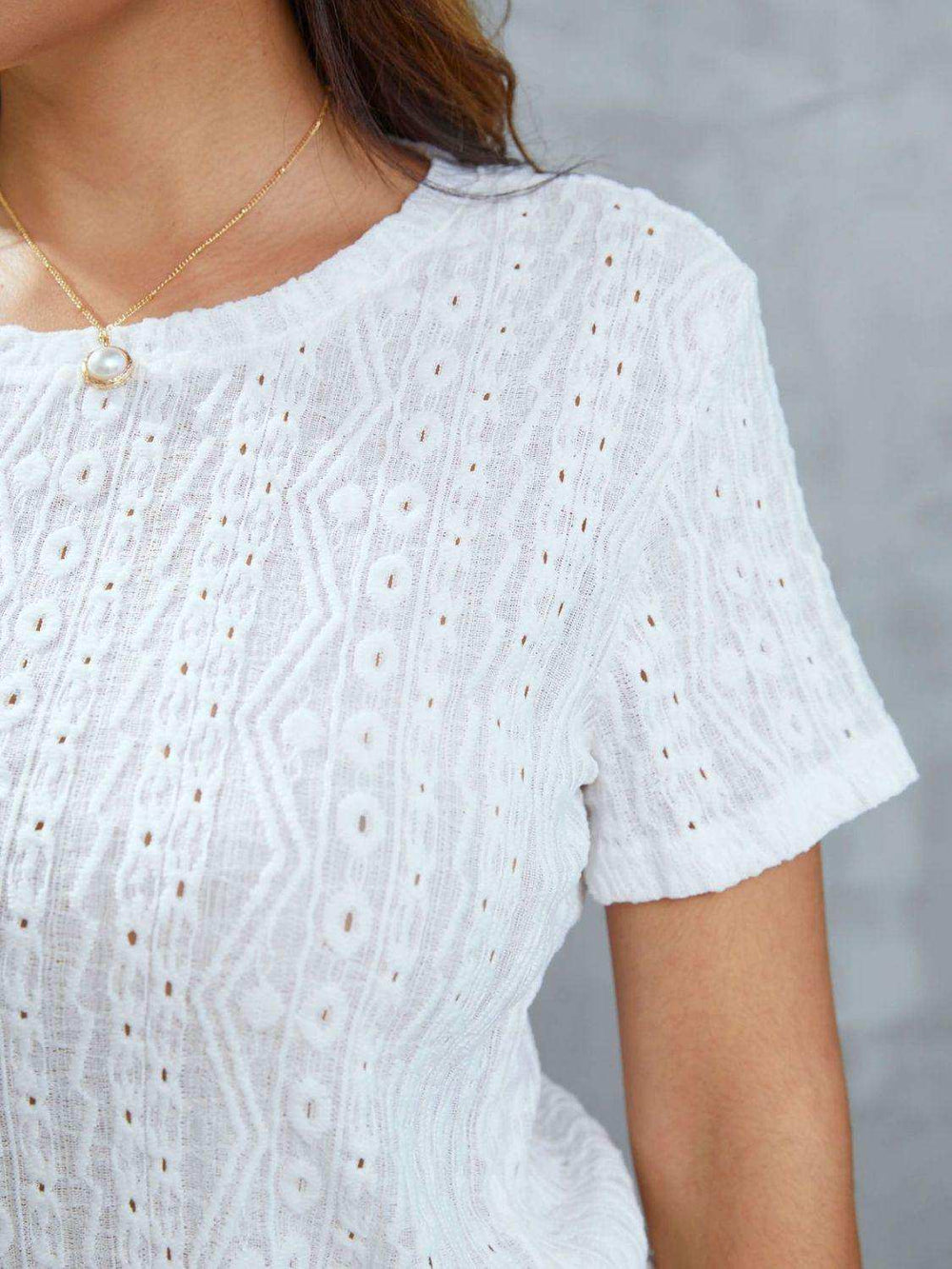 Openwork Short Sleeve Round Neck Top - Trendsi - Flyclothing LLC