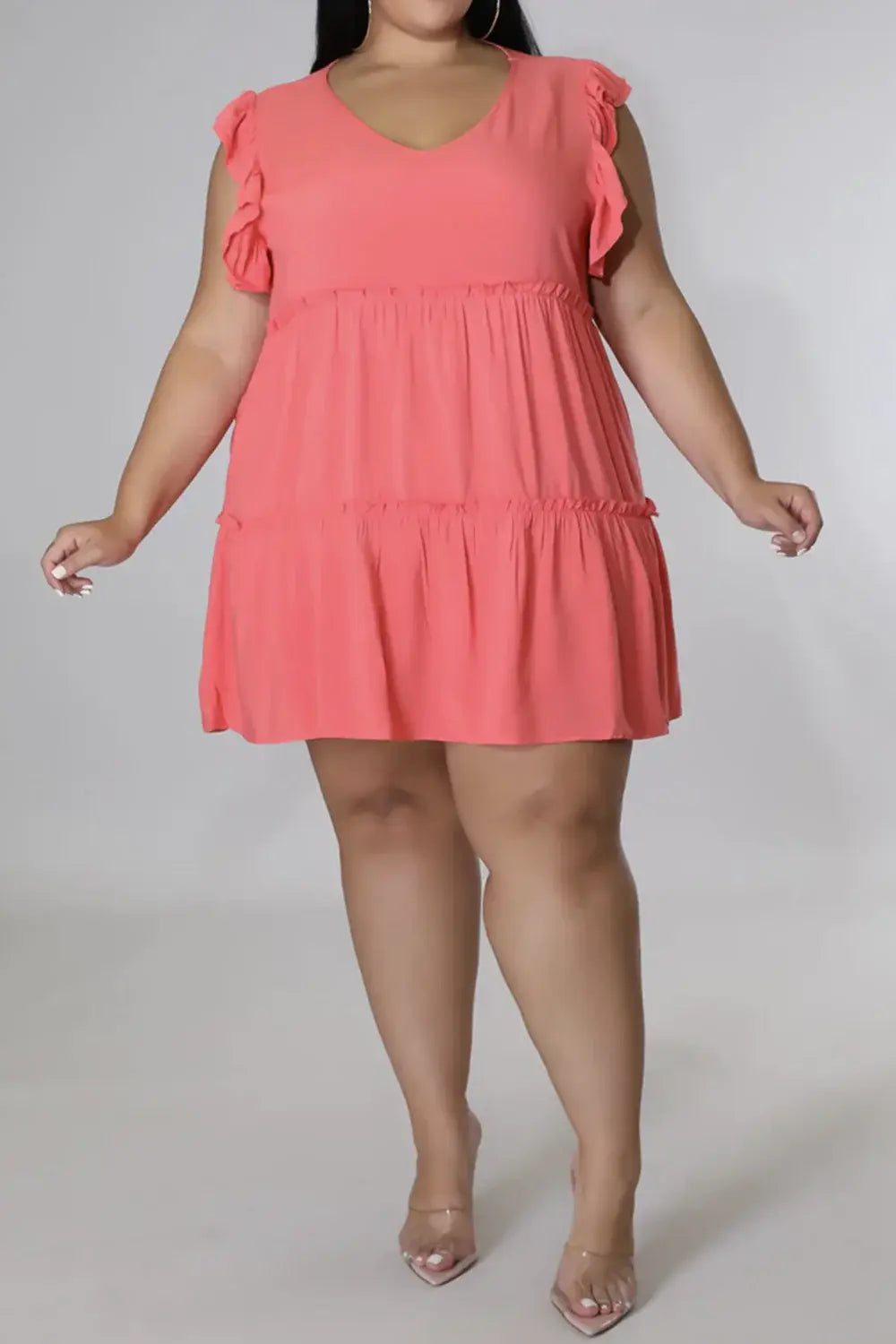 Plus Size V-Neck Frill Trim Mini Dress - Trendsi - Flyclothing LLC
