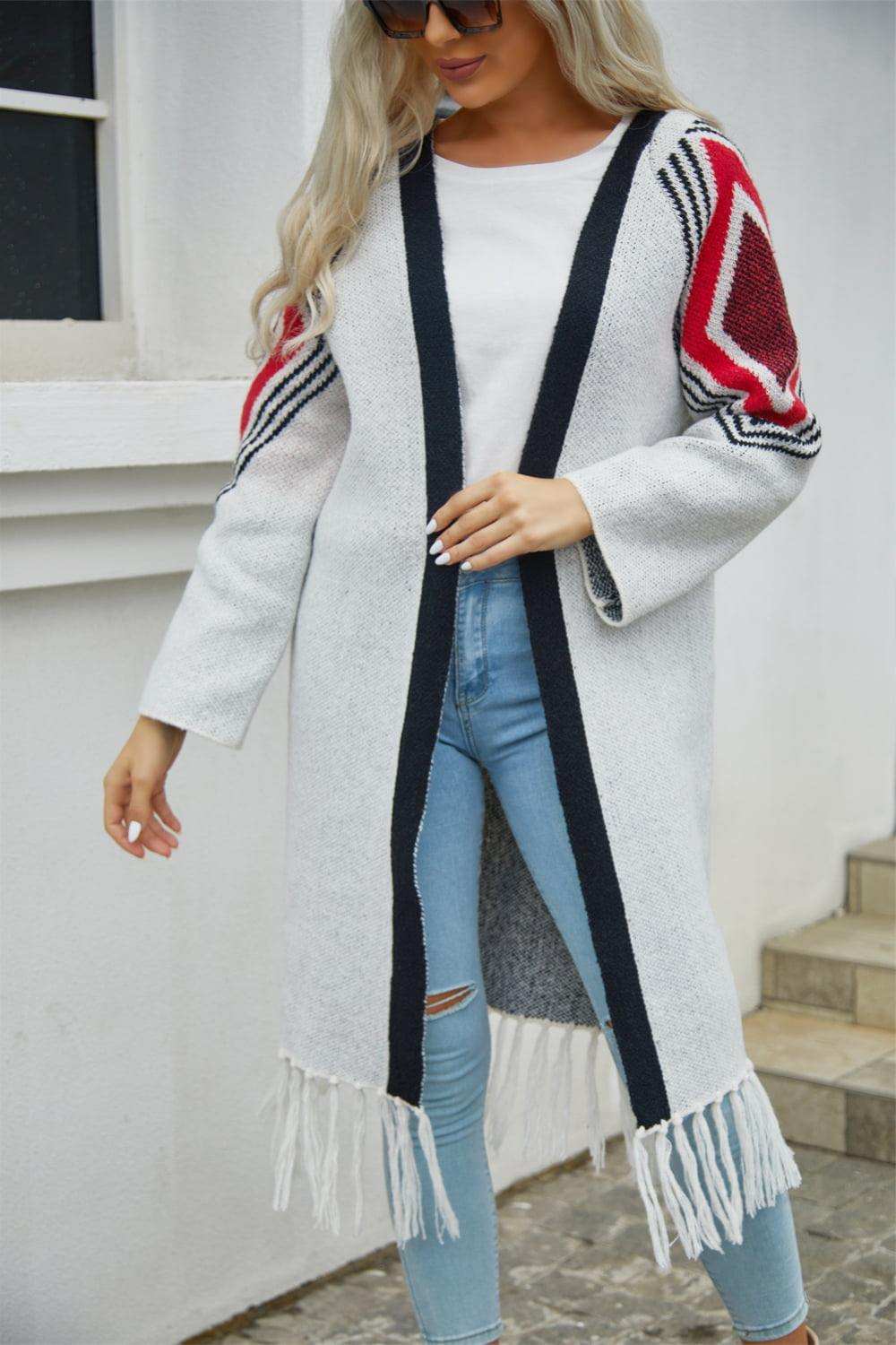 Geometric Fringe Hem Open Front Duster Cardigan - Trendsi - Flyclothing LLC