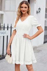 Swiss Dot Frill Trim Flounce Sleeve V-Neck Dress - Trendsi - Flyclothing LLC
