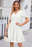 Swiss Dot Frill Trim Flounce Sleeve V-Neck Dress - Trendsi - Flyclothing LLC