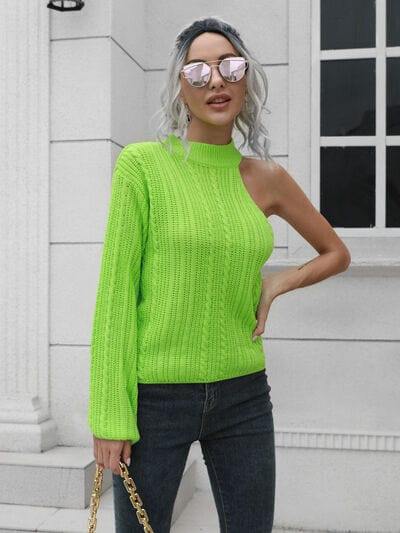 Cable-Knit Round Neck Asymmetrical Sweater - Trendsi