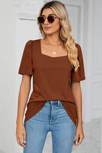 Square Neck Short Sleeve T-Shirt - Trendsi - Flyclothing LLC