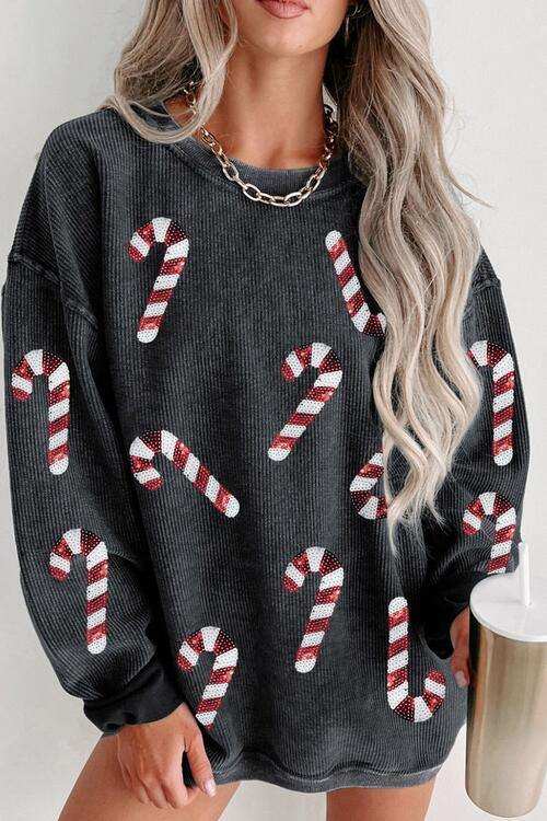 Sequin Candy Cane Round Neck Sweatshirt - Trendsi - Flyclothing LLC