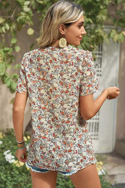 Floral V-Neck Short Sleeve T-Shirt - Trendsi - Flyclothing LLC