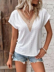 Eyelet V-Neck Short Sleeve T-Shirt - Trendsi
