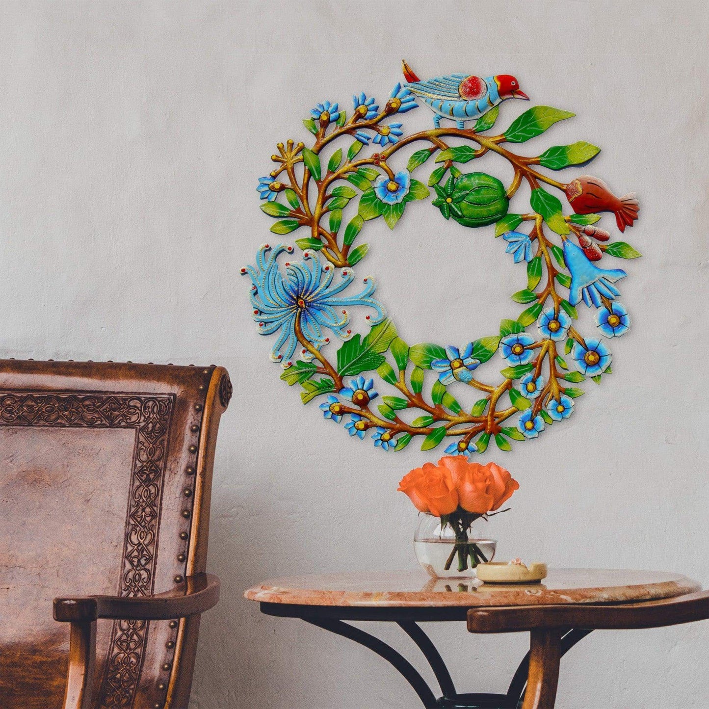 Blue Bird Door Wreath Haitian Metal Drum Wall Art - Haitian Artisans - Flyclothing LLC