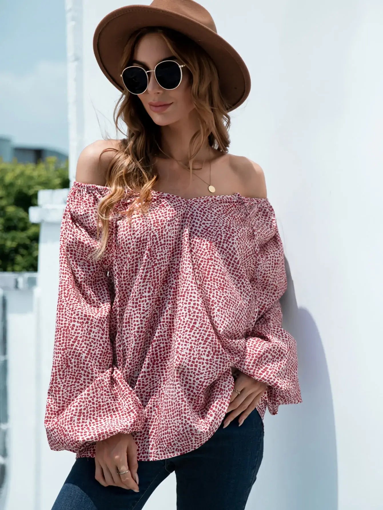 Printed Tie-Neck Balloon Sleeve Blouse - Trendsi - Flyclothing LLC