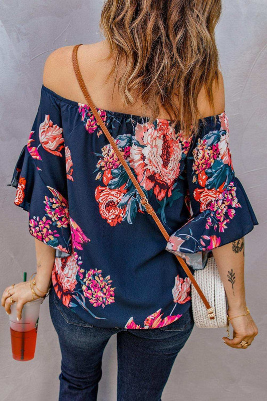 Printed Off-Shoulder Flounce Sleeve Top - Trendsi - Flyclothing LLC