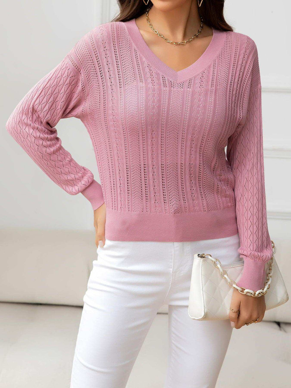 V-Neck Long Sleeve Eyelet Knit Top - Trendsi - Flyclothing LLC