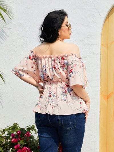 Plus Size Frill Printed Flutter Sleeve Blouse - Trendsi - Flyclothing LLC