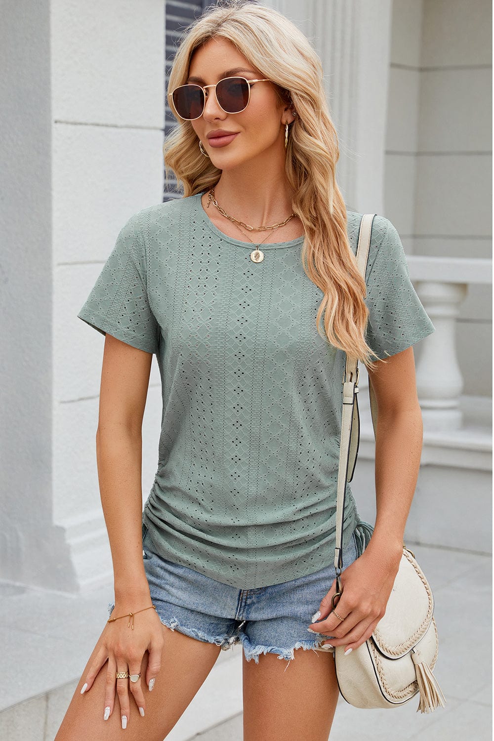 Eyelet Round Neck Short Sleeve T-Shirt - Trendsi