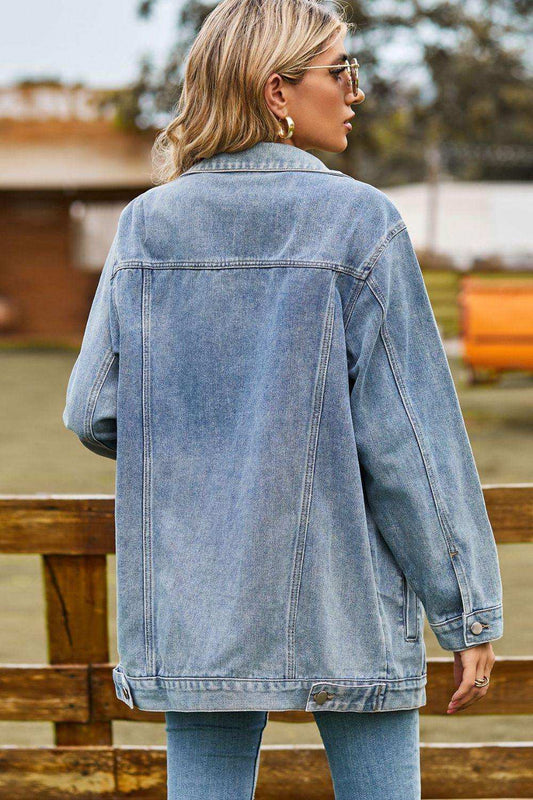 Buttoned Collared Neck Denim Jacket with Pockets - Trendsi - Flyclothing LLC