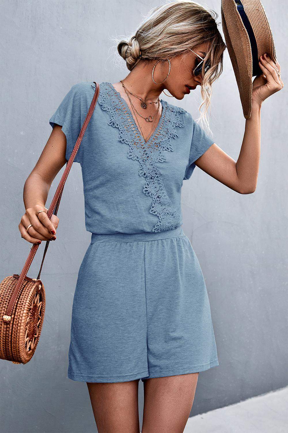 Lace Trim V-Neck Romper - Trendsi - Flyclothing LLC