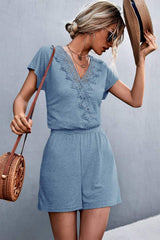 Lace Trim V-Neck Romper - Trendsi - Flyclothing LLC