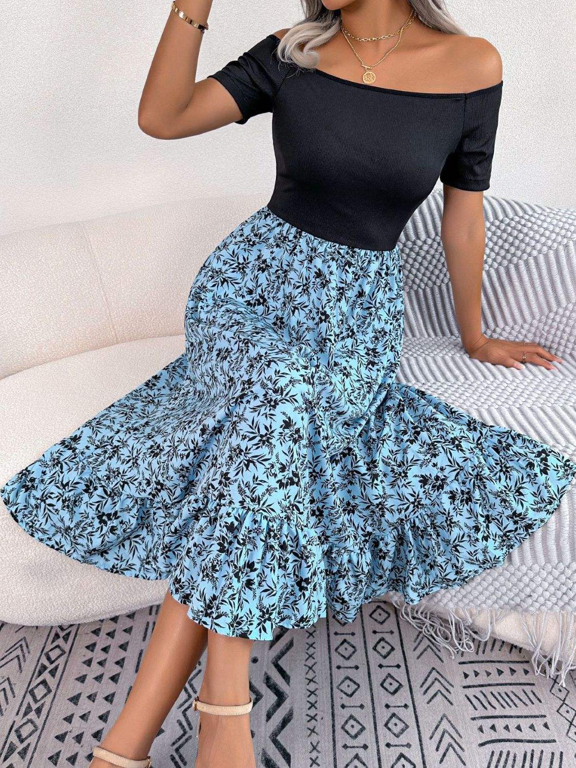 Printed Off-Shoulder Ruffle Hem Dress - Trendsi - Flyclothing LLC