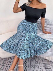 Printed Off-Shoulder Ruffle Hem Dress - Trendsi
