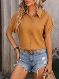 Textured Button Up Cap Sleeve Shirt - Trendsi - Flyclothing LLC