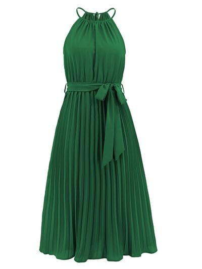Pleated Spaghetti Strap Tie Waist Midi Dress - Trendsi