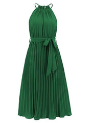 Pleated Spaghetti Strap Tie Waist Midi Dress - Trendsi