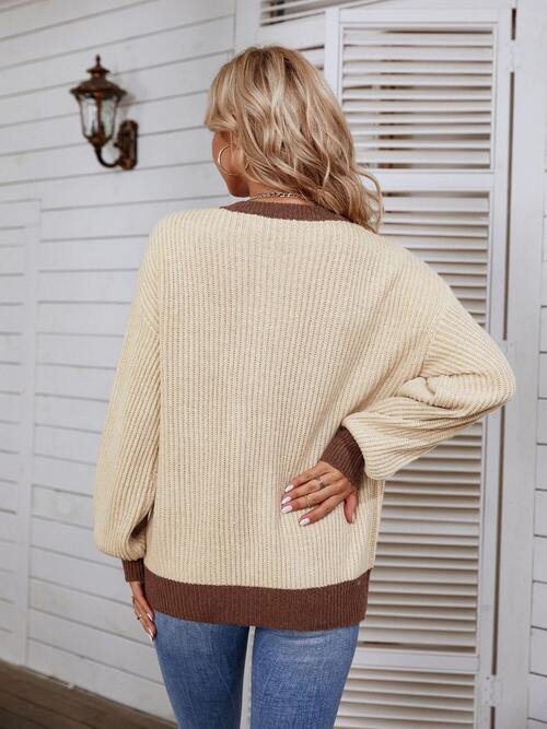 Decorative Button Round Neck Sweater - Trendsi