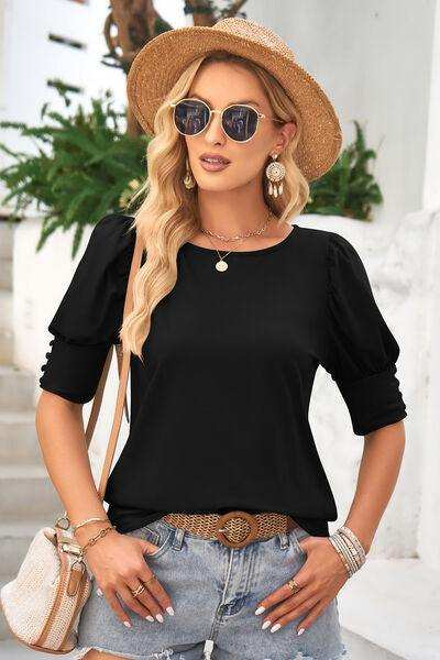 Round Neck Lantern Sleeve Blouse - Trendsi - Flyclothing LLC
