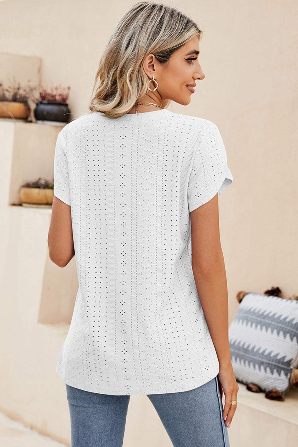 Eyelet V-Neck Petal Sleeve T-Shirt - Trendsi - Flyclothing LLC