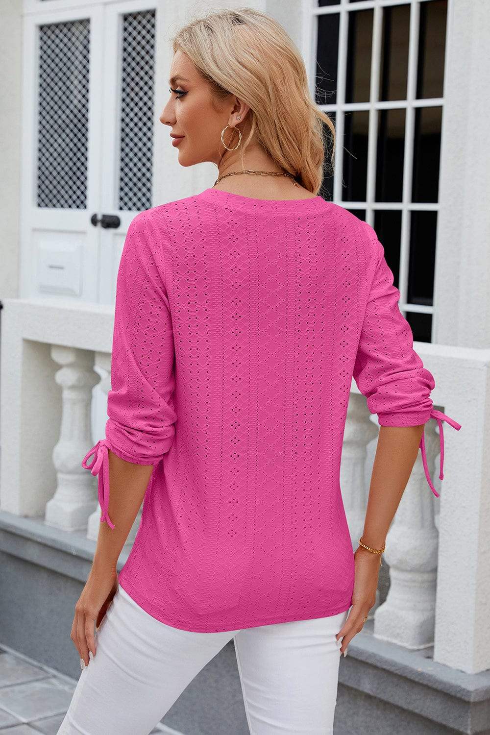 Eyelet Drawstring V-Neck Half Sleeve T-Shirt - Trendsi - Flyclothing LLC