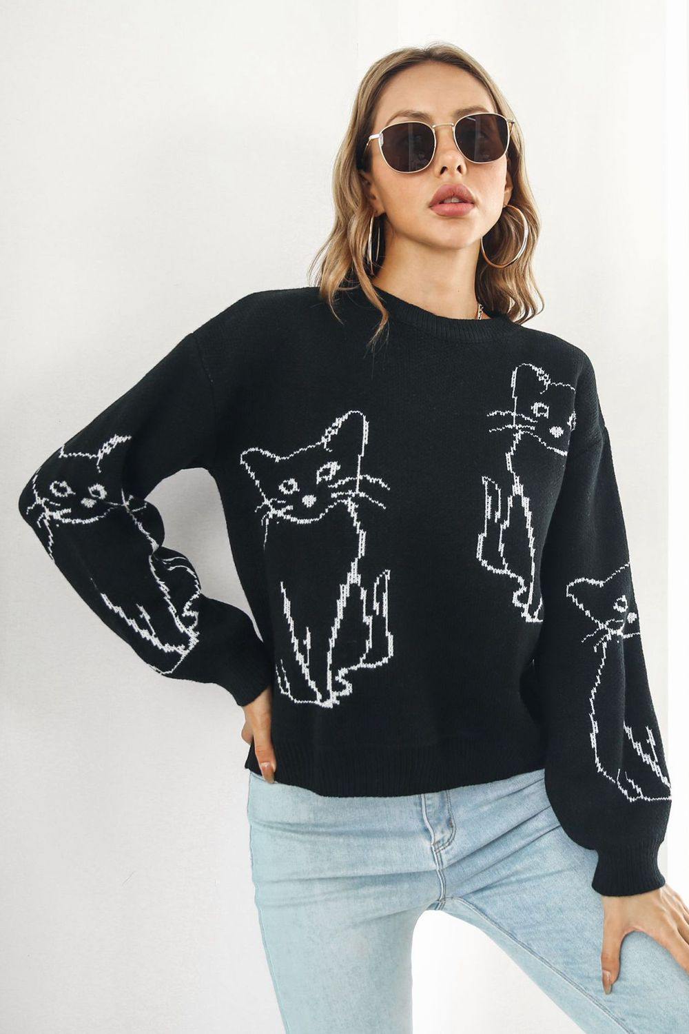 Cat Pattern Round Neck Long Sleeve Pullover Sweater - Trendsi