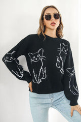 Cat Pattern Round Neck Long Sleeve Pullover Sweater - Trendsi